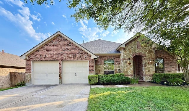 4233 Fairmeadow Dr, Round Rock, TX 78665 - view of front of house with a garage, driveway, stone siding, brick siding, and roof with shingles