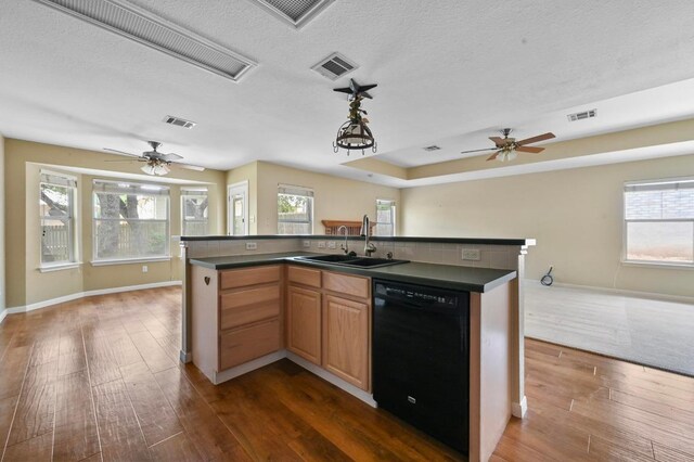 5705 Marchmont Ln, Austin, TX 78749 - kitchen featuring black dishwasher, a sink, open floor plan, dark wood-type flooring, and dark countertops