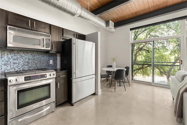 kitchen featuring appliances with stainless steel finishes, decorative backsplash, concrete floors, dark brown cabinetry, and wood ceiling