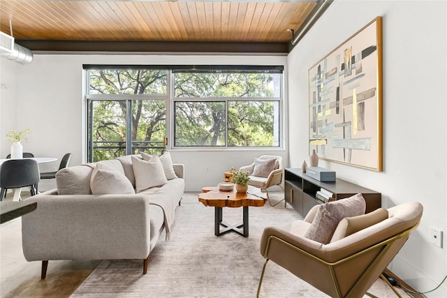 living area with wood ceiling, plenty of natural light, and baseboards