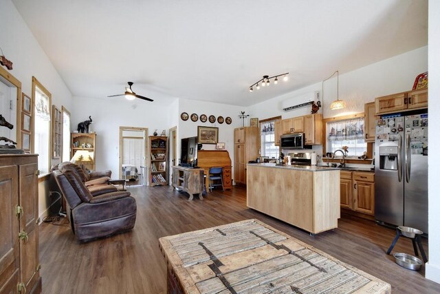 472 Mountain View Dr, Bandera, TX 78003 - kitchen featuring appliances with stainless steel finishes, a sink, open floor plan, a center island, and dark wood-style floors