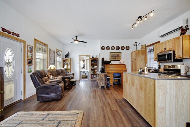 472 Mountain View Dr, Bandera, TX 78003 - kitchen with appliances with stainless steel finishes, a wall mounted AC, light brown cabinets, a ceiling fan, and dark wood-style floors