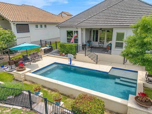 225 Cimarron Hills Trl E, Georgetown, TX 78628 - view of pool featuring a fenced backyard, a patio, and a ceiling fan