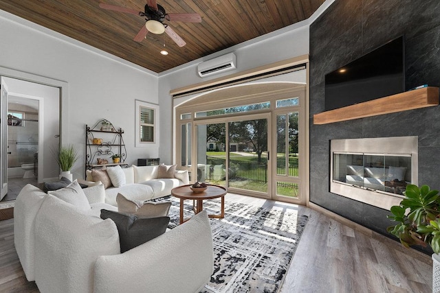 225 Cimarron Hills Trl E, Georgetown, TX 78628 - living room featuring a wall mounted air conditioner, wooden ceiling, wood finished floors, and a ceiling fan