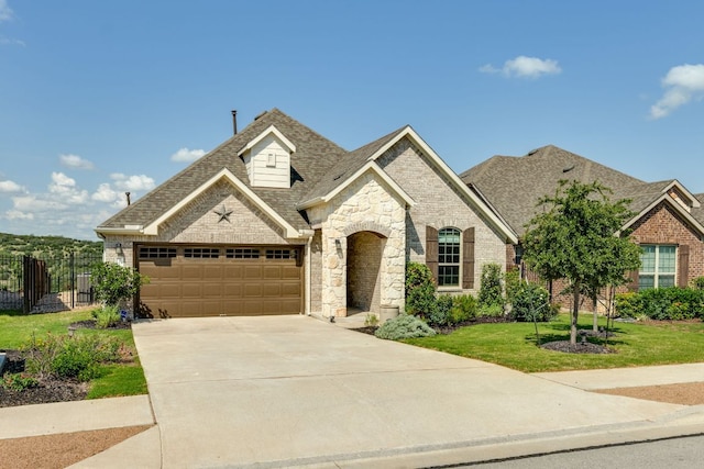 22208 Coyote Cave Trl, Spicewood, TX 78669 - french country home with an attached garage, driveway, stone siding, a shingled roof, and brick siding