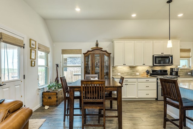 22208 Coyote Cave Trl, Spicewood, TX 78669 - kitchen featuring appliances with stainless steel finishes, decorative backsplash, dark wood finished floors, lofted ceiling, and white cabinetry