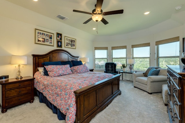 22208 Coyote Cave Trl, Spicewood, TX 78669 - bedroom featuring light carpet, recessed lighting, and ceiling fan