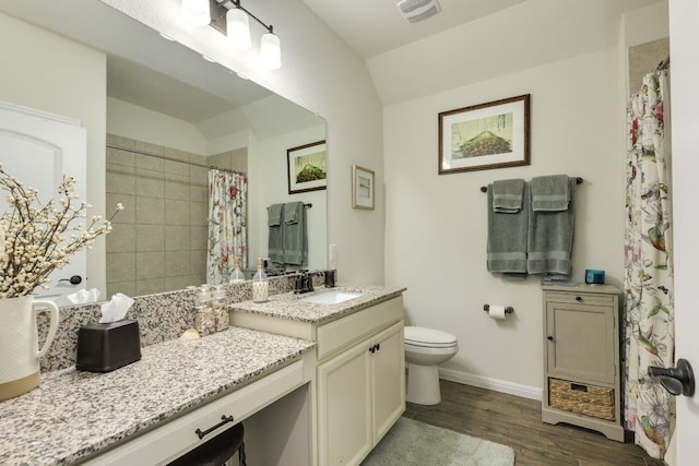 22208 Coyote Cave Trl, Spicewood, TX 78669 - bathroom featuring toilet, vanity, baseboards, wood finished floors, and a shower with curtain