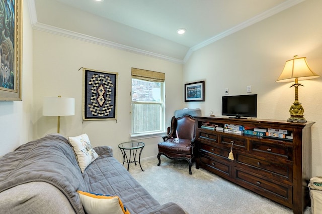 22208 Coyote Cave Trl, Spicewood, TX 78669 - carpeted living room featuring crown molding, baseboards, and recessed lighting
