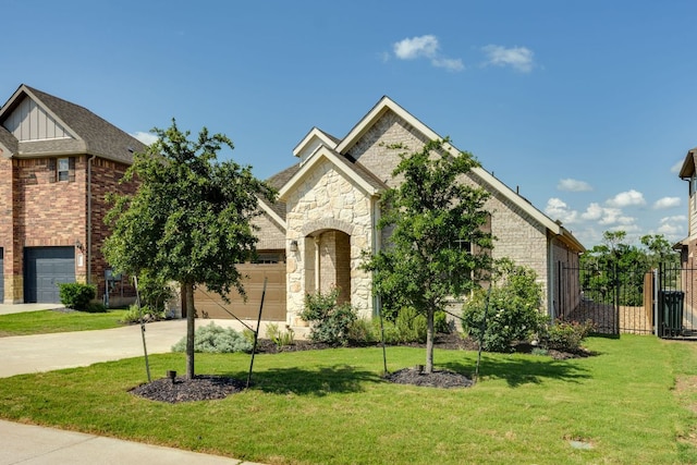 22208 Coyote Cave Trl, Spicewood, TX 78669 - view of front of property with driveway, stone siding, an attached garage, brick siding, and board and batten siding