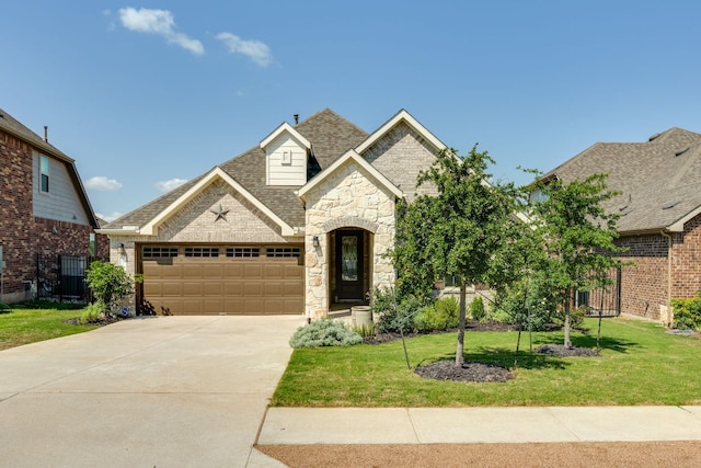 22208 Coyote Cave Trl, Spicewood, TX 78669 - french country home with an attached garage, stone siding, concrete driveway, a front yard, and brick siding