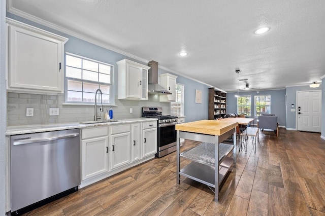 6725 Broad Brook Dr, Austin, TX 78747 - kitchen featuring stainless steel appliances, wall chimney exhaust hood, a sink, crown molding, and dark wood finished floors