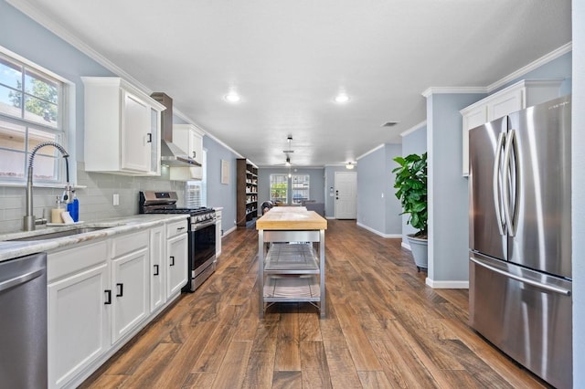 6725 Broad Brook Dr, Austin, TX 78747 - kitchen with appliances with stainless steel finishes, crown molding, white cabinets, plenty of natural light, and recessed lighting
