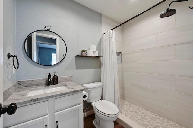 6725 Broad Brook Dr, Austin, TX 78747 - full bath featuring tiled shower, toilet, vanity, and a textured wall
