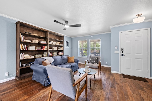 6725 Broad Brook Dr, Austin, TX 78747 - living area featuring crown molding, ceiling fan, dark wood-style floors, and a textured ceiling