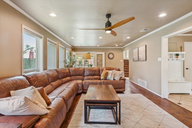 2901 Olympia Dr, Temple, TX 76502 - living room with a ceiling fan, recessed lighting, wood finished floors, ornamental molding, and baseboards