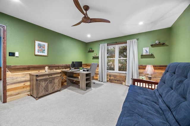 carpeted office space featuring ceiling fan and recessed lighting