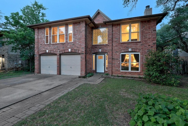 1303 Shady Grove Path, Cedar Park, TX 78613 - view of front of property featuring concrete driveway, a garage, brick siding, and a chimney