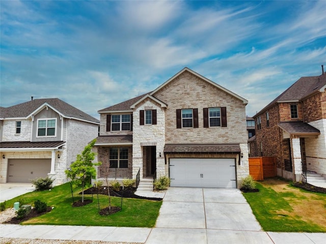 3437 Jaulan St, Leander, TX 78641 - view of front of house featuring an attached garage, stone siding, concrete driveway, a front lawn, and a standing seam roof