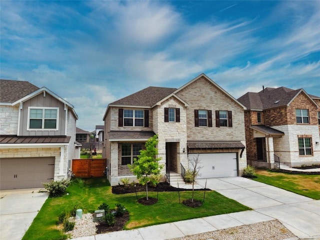 3437 Jaulan St, Leander, TX 78641 - view of front of property with driveway, stone siding, a garage, board and batten siding, and roof with shingles