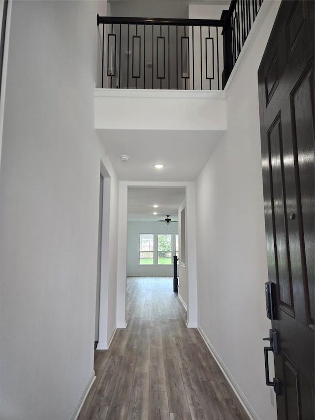 3437 Jaulan St, Leander, TX 78641 - foyer entrance featuring baseboards, ceiling fan, dark wood finished floors, and a high ceiling