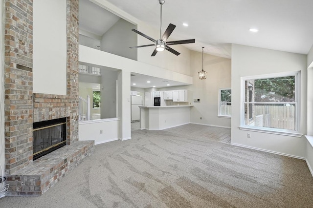 1605 Woods Blvd, Round Rock, TX 78681 - unfurnished living room with carpet, a fireplace, ceiling fan, baseboards, and high vaulted ceiling