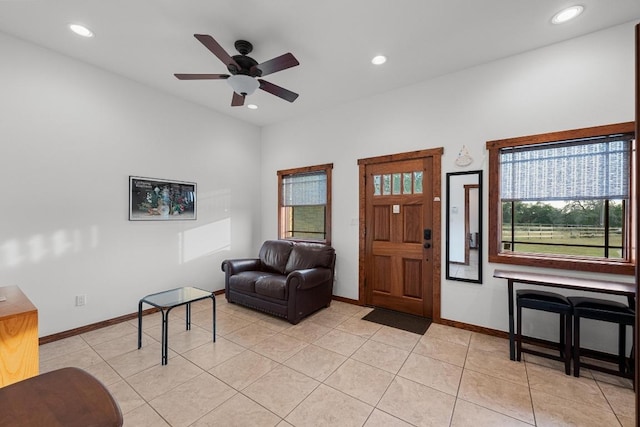 611 Post Oak Dr, Dripping Springs, TX 78620 - foyer entrance featuring baseboards, a ceiling fan, recessed lighting, and light tile patterned floors