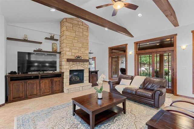 611 Post Oak Dr, Dripping Springs, TX 78620 - living room with a ceiling fan, light tile patterned flooring, a stone fireplace, baseboards, and recessed lighting