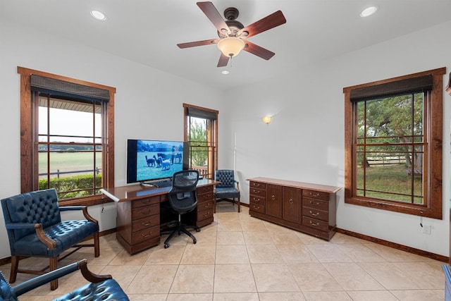 611 Post Oak Dr, Dripping Springs, TX 78620 - office space featuring plenty of natural light, baseboards, a ceiling fan, recessed lighting, and light tile patterned flooring