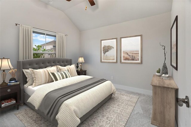 422 Sitlington Ln, Austin, TX 78738 - bedroom featuring carpet floors, vaulted ceiling, baseboards, and a ceiling fan