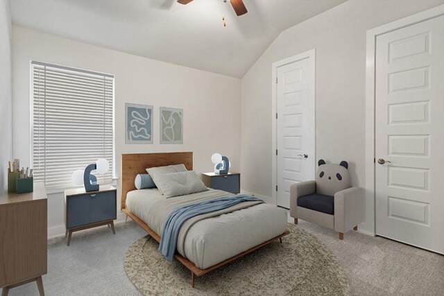 422 Sitlington Ln, Austin, TX 78738 - bedroom featuring light carpet, lofted ceiling, ceiling fan, and baseboards