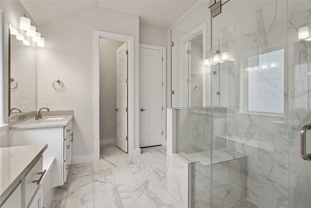 422 Sitlington Ln, Austin, TX 78738 - bathroom with vanity, a marble finish shower, baseboards, and marble finish flooring