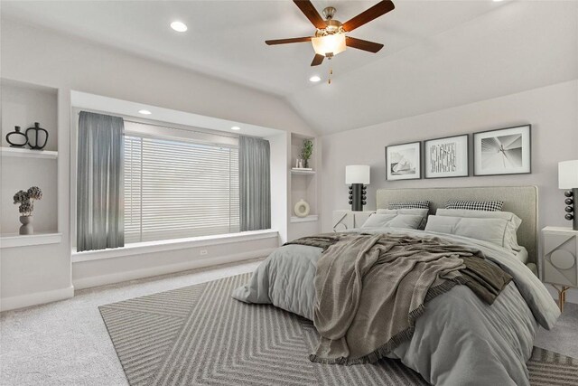 422 Sitlington Ln, Austin, TX 78738 - bedroom featuring carpet flooring, lofted ceiling, recessed lighting, baseboards, and a ceiling fan
