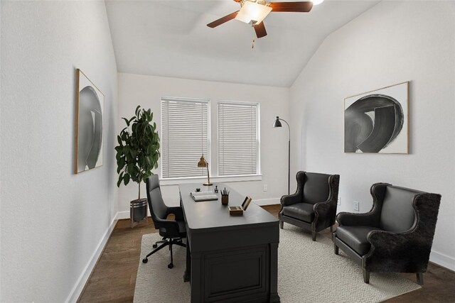 422 Sitlington Ln, Austin, TX 78738 - office space with lofted ceiling, a ceiling fan, baseboards, and wood finished floors