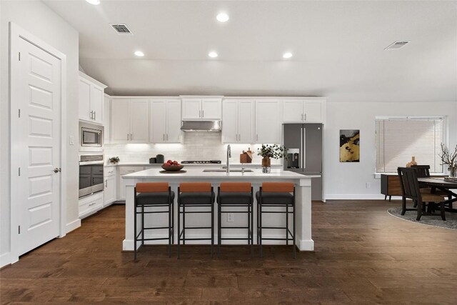 422 Sitlington Ln, Austin, TX 78738 - kitchen featuring appliances with stainless steel finishes, under cabinet range hood, a sink, tasteful backsplash, and a breakfast bar area