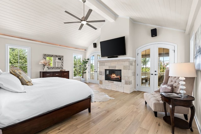 11949 Overlook Pass, Austin, TX 78738 - bedroom featuring access to outside, french doors, light wood-type flooring, multiple windows, and wooden ceiling