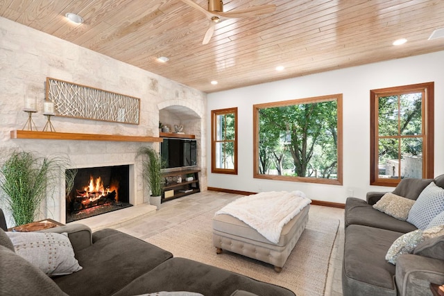 11949 Overlook Pass, Austin, TX 78738 - living room featuring wood ceiling, recessed lighting, and a fireplace