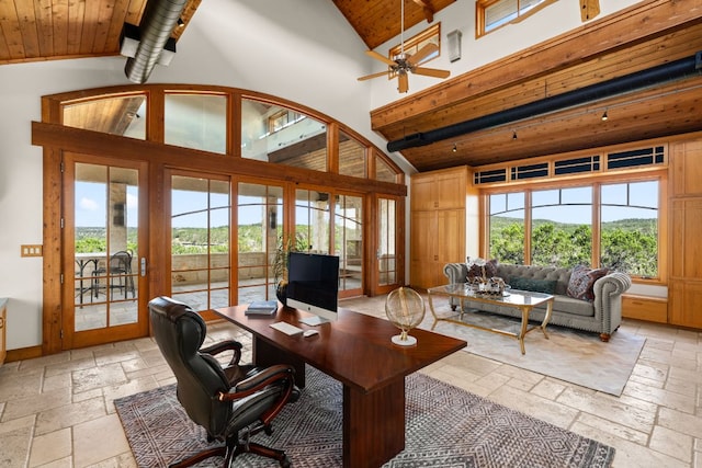 11949 Overlook Pass, Austin, TX 78738 - home office with stone tile flooring, high vaulted ceiling, french doors, healthy amount of natural light, and wood ceiling