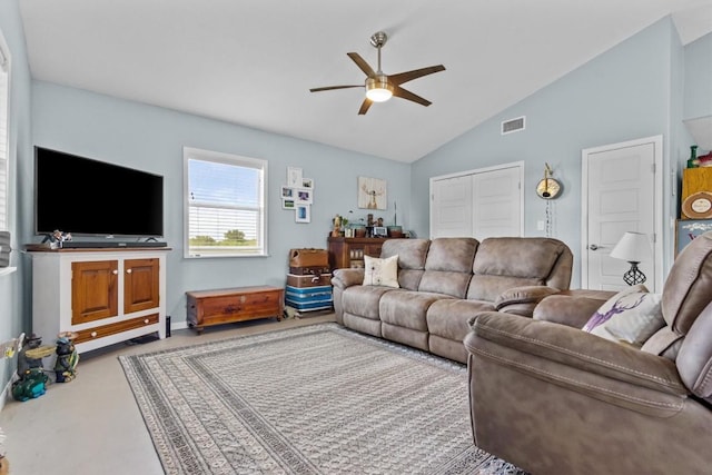 726 Mesa Dr, Del Valle, TX 78617 - living area featuring a ceiling fan and high vaulted ceiling