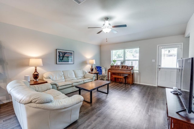 299 Andesite Trl, Buda, TX 78610 - living area with ceiling fan, dark wood finished floors, and plenty of natural light