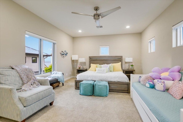 116 Wennmohs Pl, Horseshoe Bay, TX 78657 - bedroom featuring light colored carpet, recessed lighting, and ceiling fan