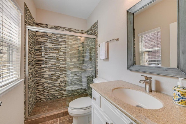 bathroom featuring toilet, a stall shower, and vanity