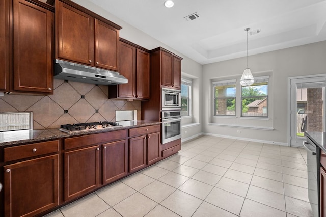 2640 Estefania Ln, Round Rock, TX 78665 - kitchen with under cabinet range hood, appliances with stainless steel finishes, decorative backsplash, dark stone counters, and a raised ceiling