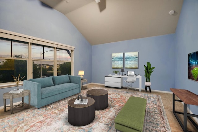 516 E Slaughter Ln Unit 1203, Austin, TX 78744 - carpeted living room with a ceiling fan, baseboards, an office area, and high vaulted ceiling