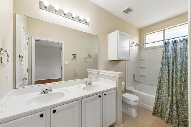 9403 Brandts Wood St, Austin, TX 78744 - full bathroom featuring double vanity, shower / bathtub combination with curtain, and tile patterned flooring