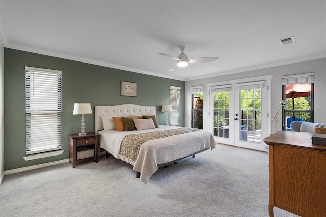 5503 Courtyard Dr, Austin, TX 78731 - carpeted bedroom featuring french doors, ornamental molding, access to exterior, baseboards, and a ceiling fan
