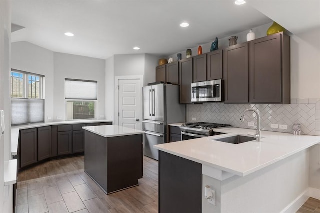 141 Witchhazel Way, San Marcos, TX 78666 - kitchen featuring stainless steel appliances, a sink, a peninsula, light countertops, and backsplash