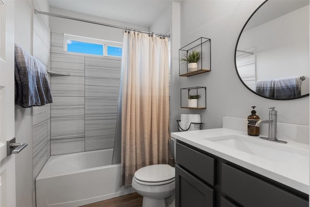 141 Witchhazel Way, San Marcos, TX 78666 - bathroom with toilet, wood finished floors, vanity, and shower / bath combination with curtain