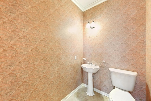 3 Coach House Rd, Austin, TX 78737 - half bathroom featuring toilet, ornamental molding, baseboards, wallpapered walls, and a sink
