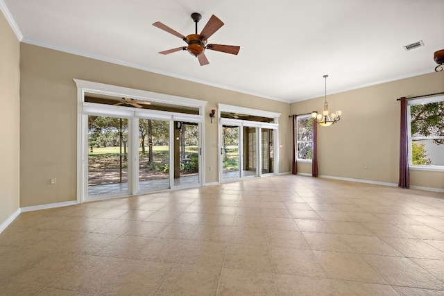214 Lone Star Dr, Georgetown, TX 78633 - unfurnished room with a chandelier, ornamental molding, baseboards, and a ceiling fan